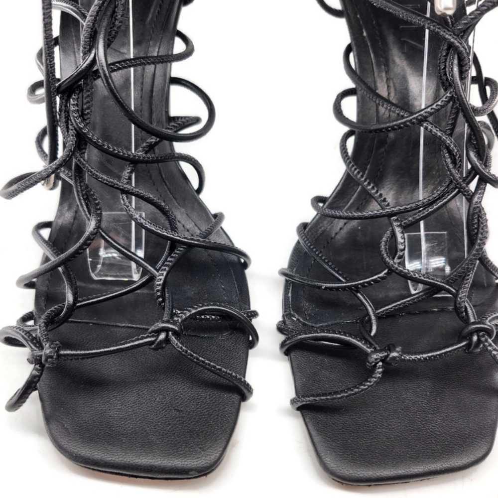 Schutz Heyde Black Leather Strappy Wrap Around & Tie Open-Toe High Heel Sandals - Picture 4 of 11